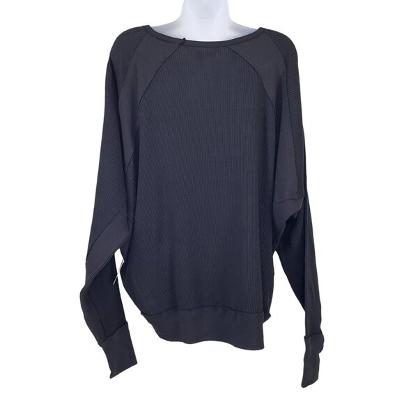 Free People Waffle Knit V-Neck Top Slouchy Oversized Beachy Boho Black NWT - Picture 8 of 9